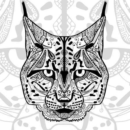 The black and white bobcat print with ethnic patterns. Coloring book for adults antistress. Art therapy, zenart, meditaion. The image on the fabric, tattooのイラスト素材