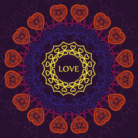 pattern mandala of hearts, relaxation and meditation, postcard to the Valentine's day, hand drawn background, vectorのイラスト素材