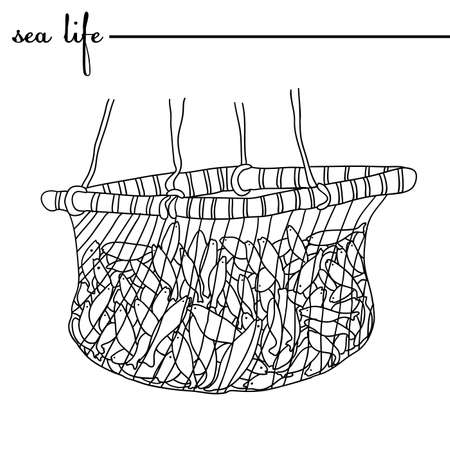 Sea life.  The fish in the net. Original doodle hand drawn illustration. Outlinesのイラスト素材