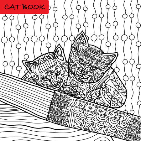 Coloring cat page for adults. Two funny kitten sitting on book. Hand drawn illustration with patterns. Zenartのイラスト素材