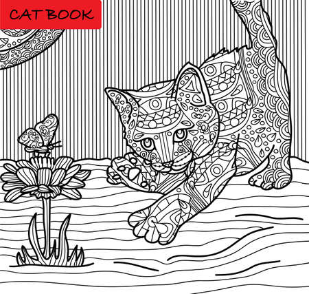 Coloring cat page for adults.  Kitten hunts on a butterfly. Hand drawn illustration with patterns. Zenartのイラスト素材