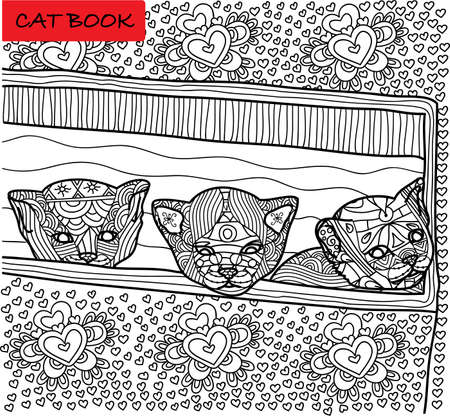 Coloring cat page for adults. Three newly born kitten peeking out of box. Hand drawn illustration with patterns. Zenartのイラスト素材