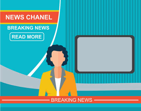 Anchorman on tv, news announcer in the studio. Woman flat illustrationのイラスト素材