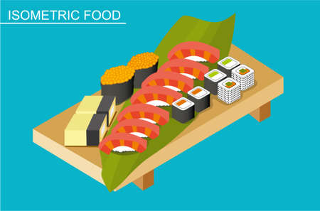Isometric sushi set. Japanese seafood vector. Asian restaurant food.  Flat illustration. A set of rolls and sushi on a wooden stand. Isometric foodのイラスト素材