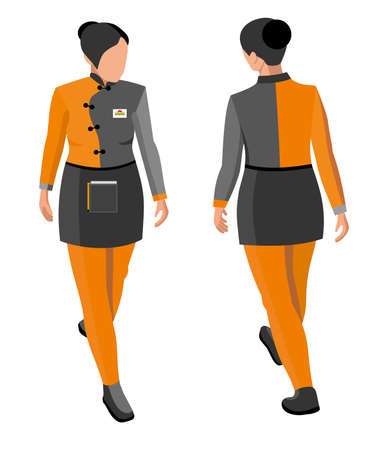 Isometric sushi set. Japanese seafood vector. Flat illustration. Waiter girl on white background, isometryのイラスト素材