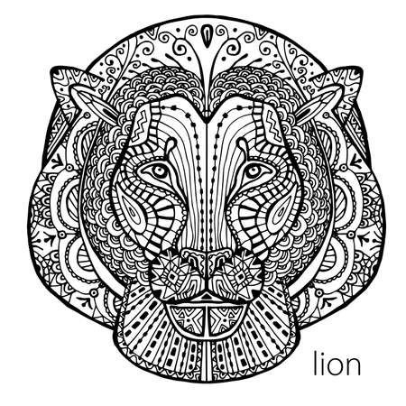 The black and white lion print with ethnic patterns. Coloring book for adults antistress. Art therapy, zenart, meditaion. The image on the fabric, tattoo, vectorのイラスト素材