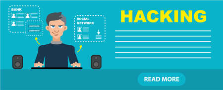 Flat style hacker attack intruding laptop computer internet web system crack password security concept web infographics illustration.のイラスト素材