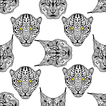 Detailed Cheetah and lynx portrait.illustration. Set of isolated drawing wild cats heads and faces some breeds. Black pattern on white background. Zenartのイラスト素材
