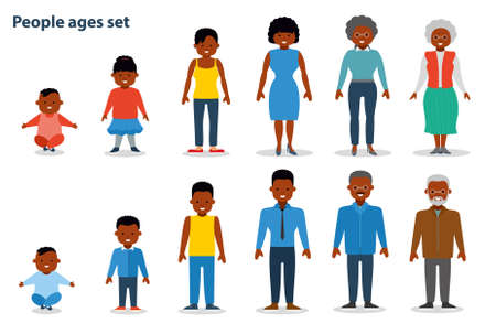 African american ethnic people generations at different ages. Woman and man african american ethnic aging - baby, child, teenager, young, adult, old. Flat illustrationのイラスト素材