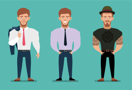 Stylish young man in a suit businessman and in clothes hipster with tattoos on his hands. Cartoon male characters. Flat style illustration.のイラスト素材