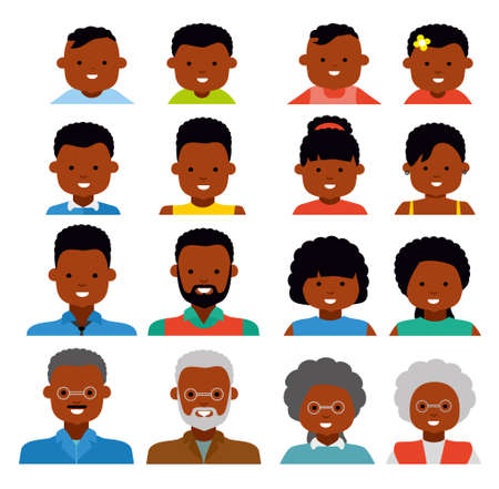 Avatar icons. African american ethnic people. People generations at different ages. Woman and man african american ethnic aging - baby, child, teenager, young, adult, old. Flat illustrationのイラスト素材