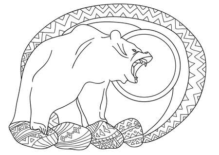 Line art design for coloring book for adult. Bear in the forest on the rocks. Sign, T-shirt design, card and design elelmentのイラスト素材