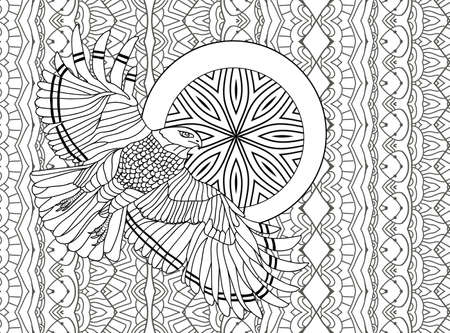 Flying eagle in the sky in the sun. Coloring line art book for adults. Tribal patterns. Design for coloring, card, shirt. Boho styleのイラスト素材