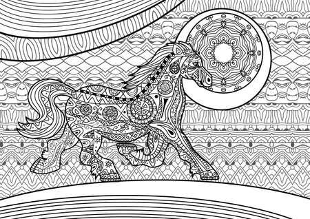 Zenart. Line art design. Coloring book for adults. Running horse on the pattern background. Tribal patterns.のイラスト素材