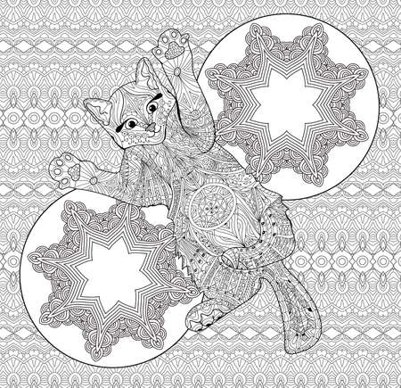 Cute kitten lying on the sofa covered with patterns. ethnic patterns. Coloring book for adults. Line art design. Doodle hand-drawn pattern with circular patternsのイラスト素材