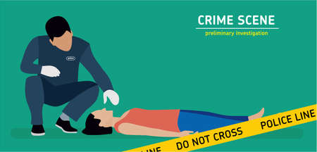 Murder investigation. Police officer examines the corpse of a murder victimのイラスト素材