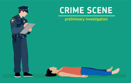 Murder investigation. Police officer inspects the crime scene. Flat illustrationのイラスト素材