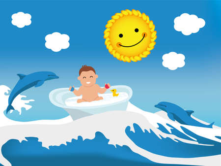 Flat illustration. Happy toddler playing in bath, wave bath lift, dolphins and the sun gently smile at him. Baby illustration. Kid banner.のイラスト素材