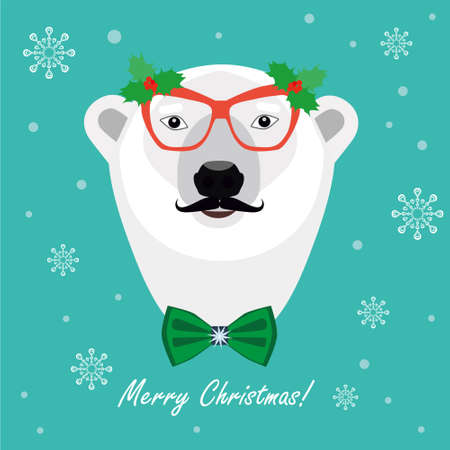 Christmas Bear. Flat style illustration. Christmas Greeting Card. Hipster bear. Christmas photo boothのイラスト素材