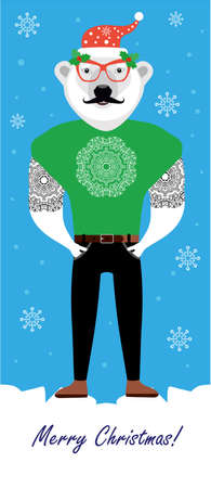 Christmas hipster Bear. Flat illustration. The bear hipster tattoos is on the ice. Christmas Greeting Card Design.のイラスト素材