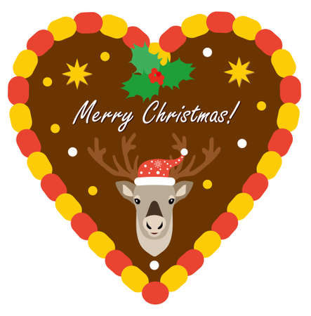 Christmas traditional gingerbread with reindeer. Flat style illustration. Gingerbread hearts decorated with icing and head of reindeer.のイラスト素材