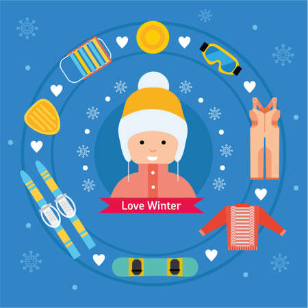 Winter flat sports icons. Girl with winter vacation items concept. Sun, ski, sweater, sleds, snowboard, jumpsuit, safety glasses and winter scooter web icon set.のイラスト素材