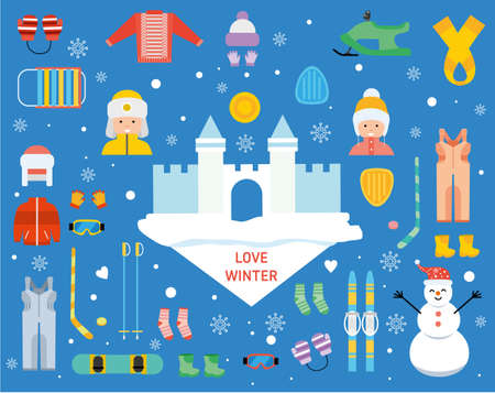Love winter concept banner template. Winter sports recreation pictogram collection. Children's winter holiday. Winter resort, games, fun and gear vector icon set. Flat style designのイラスト素材