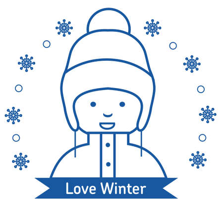 Winter kids activities line icon set. Girl with winter vacation items concept. Web icon set. Flat style illustrationのイラスト素材