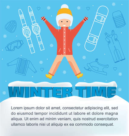 The concept of active rest and joyful pastime. Winter time banner. Girl jumping for joy. Winter vacation items concept. Flat. Sun, sleds, snowboard, ski, snowmobile, safety glassesweb icon.のイラスト素材
