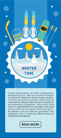 Winter time banner. The concept of active rest and joyful pastime. Happy winter vacation. Outdoor sports. Flat style illustrationのイラスト素材