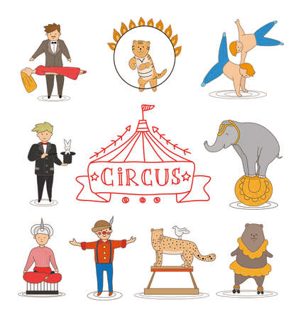 Circus line art design collection with carnival fun fairのイラスト素材