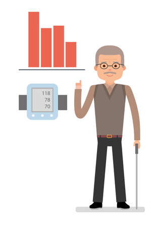 An elderly man points to chart raise blood pressure, close pressure gauge manのイラスト素材
