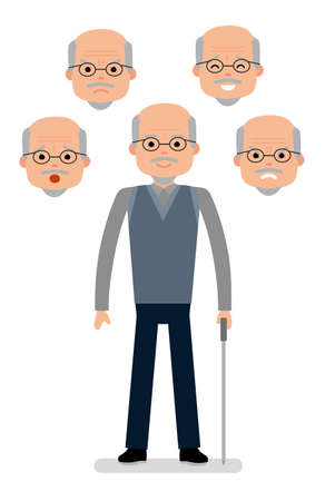 Aged Man with different facial expressions. Joy, sadness, anger, surprise, irritation.のイラスト素材
