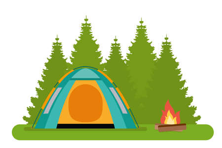 The forest camp. The tent with a campfire in a forest.のイラスト素材