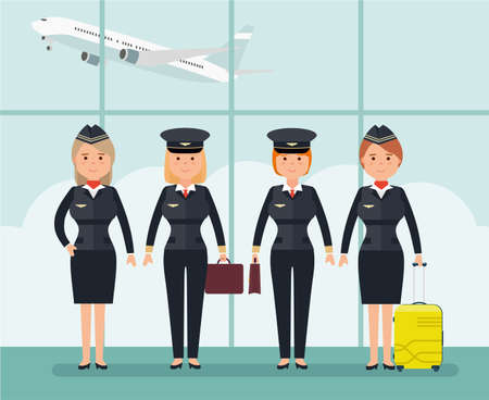Women pilots and flight attendants. Vector illustration in flat styleのイラスト素材