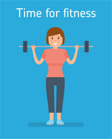 The fitness concept. girl smiling and holding a barbell training.のイラスト素材