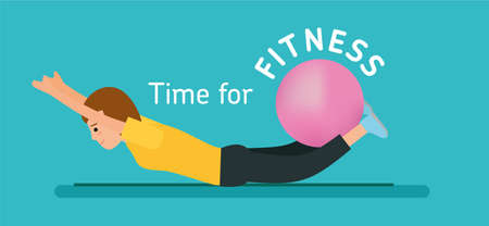 The fitness concept. Time for fitness. Young girl. Sportswoman. Exercise with gym ball. Flat vector illustrationのイラスト素材