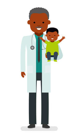 Pediatrician man holds a healthy cheerful African baby. Children's doctor. African Americans people. Vector illustration in a flat styleのイラスト素材