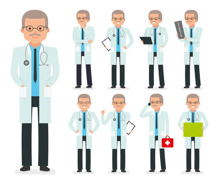 Doctor character creation set. The pediatrician, physician, medic. Icons with different types of faces, emotions, front, rear side. Vector flat illustrationのイラスト素材