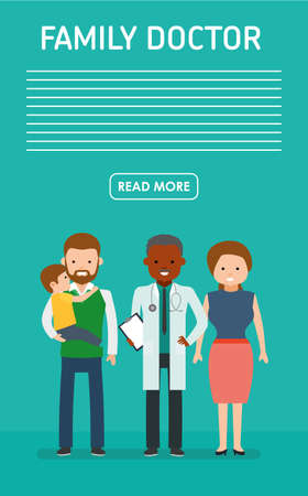 Family doctor. Banner. Caring for the health of the child. The pediatrician and the mother and father with son. Children's doctor. Vector illustration in a flat cartoon styleのイラスト素材