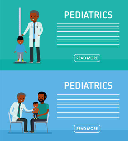 Pediatrics banners. Family on reception at the doctor. Children's doctor. African Americans people. Vector illustration in a flat cartoon styleのイラスト素材