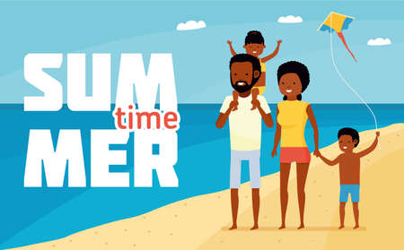 Family leisure. Summer time. Happy african family beach holiday. Family having fun at the beachのイラスト素材