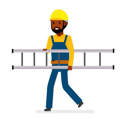Construction worker with ladder. Isolated against white background. Vector illustration. African American people. Cartoon flat style.のイラスト素材