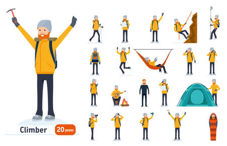 Climber set. Ready to use character set. Climber with a pick on top of a mountain, tourist hiking, resting, walking, trekking. Isolated white background. Vector illustration. Cartoon flat style.のイラスト素材