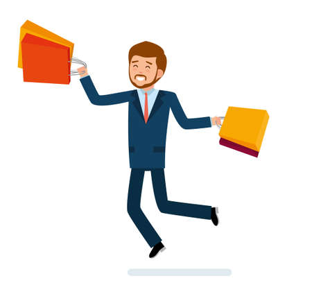 Man in suit jumping for joy shopping in cartoon style illustration.のイラスト素材