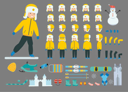 A boy on vacation set. Ready to use character set. Icons with different types of faces and hair style, emotions, front, rear side view of kid person.のイラスト素材