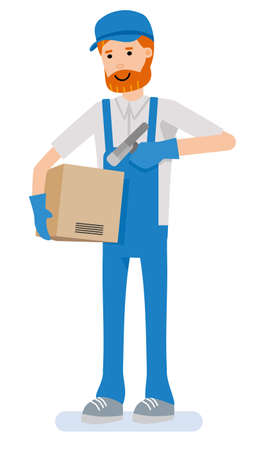 Warehouse worker scanning barcode on box. Warehouse worker checking barcode of box with a scanner. Warehouse worker at workのイラスト素材