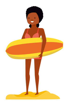 An African Surfer Girl Holding Surf Board. Summer Vacation of Cartoon vector illustration.のイラスト素材