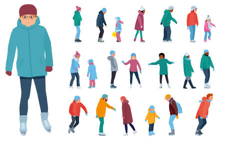 People riding on the ice on a frozen lake. Isolated on white background. Family fun outside. Cartoon vector illustration. Flat cartoon illustration. Lifestyle.のイラスト素材