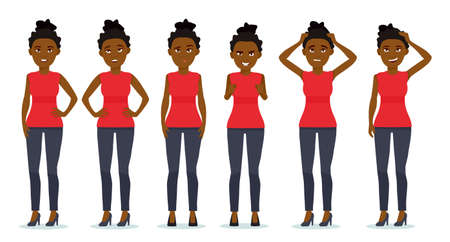 Set of woman's emotions. Facial expression. Set of beautiful african-american girl emotional portraits. Positive and negative female feelings. Vector cartoon illustrationのイラスト素材